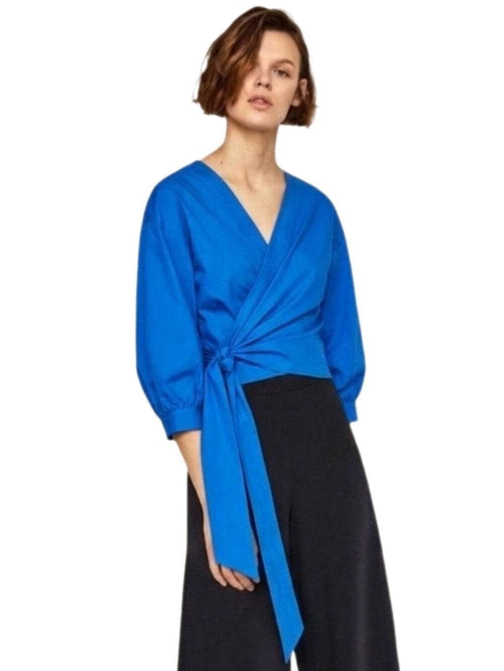 ZARA Cropped Wrap Top Blue Size Medium